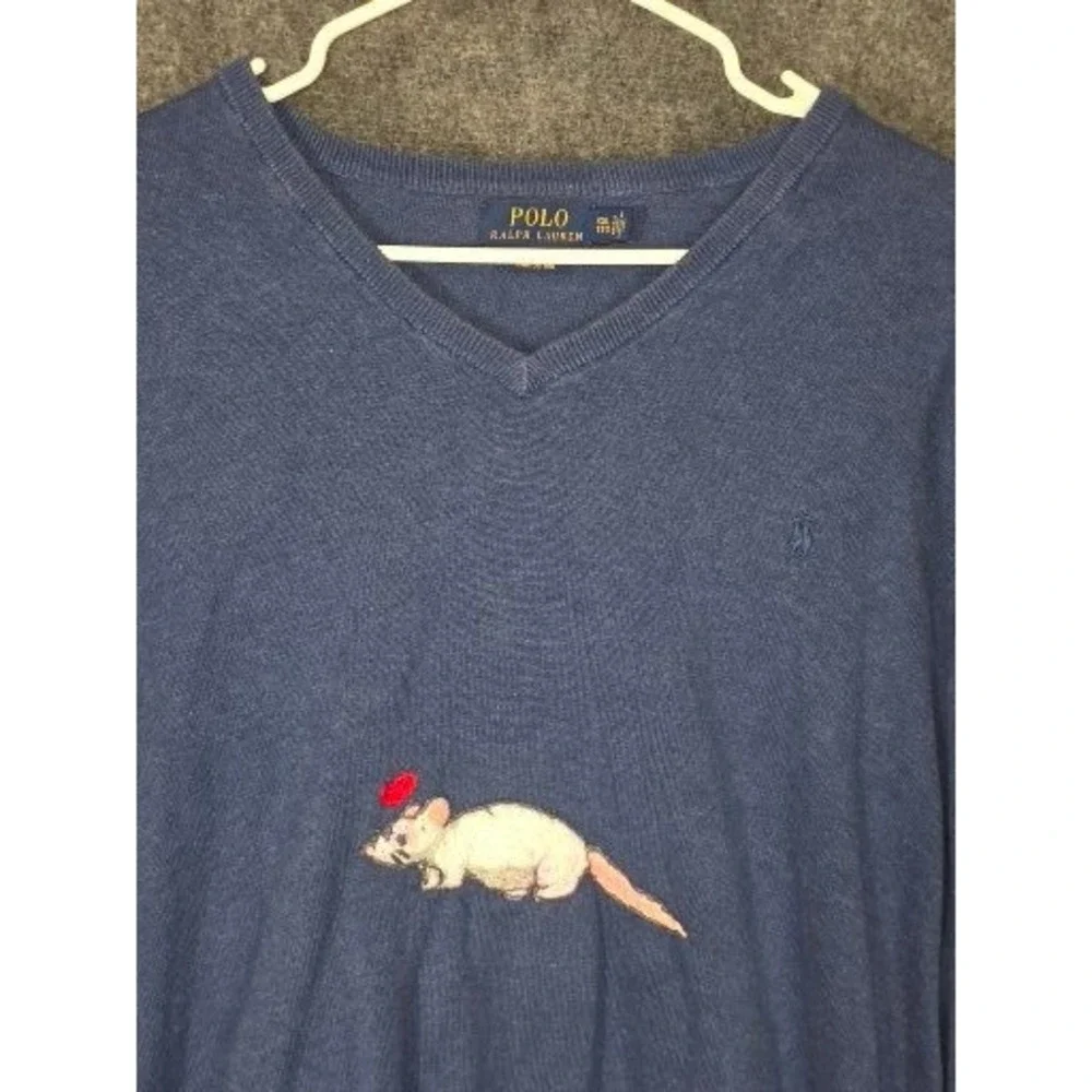 Polo‎ Ralph Lauren Mens V Neck Sweater Pima Cotton Blue Mouse Graphic XXL Preppy